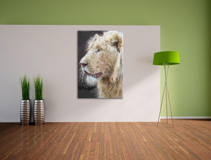 stolzer weisser Löwe schwarz/weiss Deluxe Format: 100x70 cm auf Leinwand, XXL riesige Bilder fertig