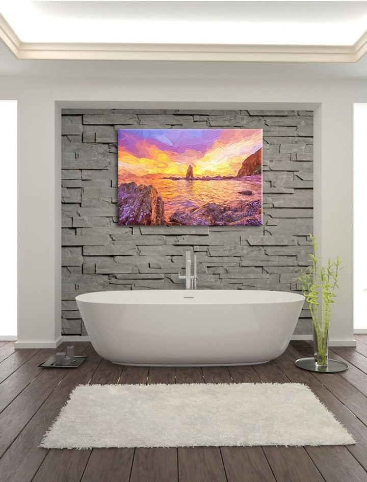 Pixxprint Küstenlinie mit schönen Sonnenuntergang Kunst Pinsel Effekt, Format: 100x70 auf Leinwand,