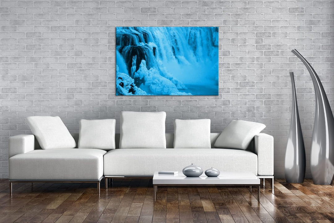 atemberaubender Wasserfall in der Natur Format 100x70 Effekt: Monocrome Blau als Leinwandbild, Motiv