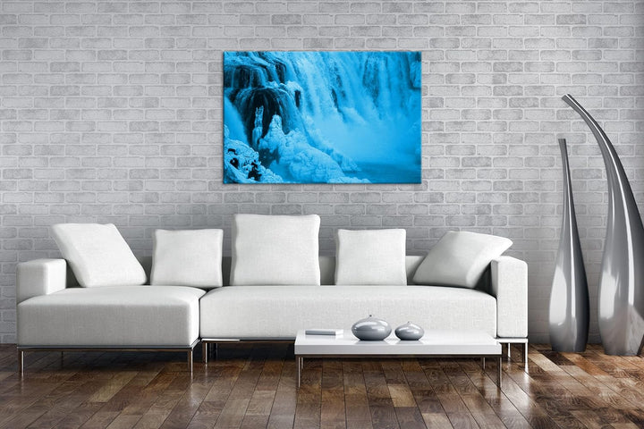 atemberaubender Wasserfall in der Natur Format 100x70 Effekt: Monocrome Blau als Leinwandbild, Motiv