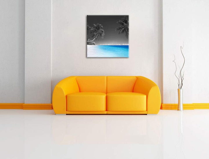 Pixxprint schöne Palmen über dem Meer schwarz/weiss, Format: 70x70 auf Leinwand, 70x70