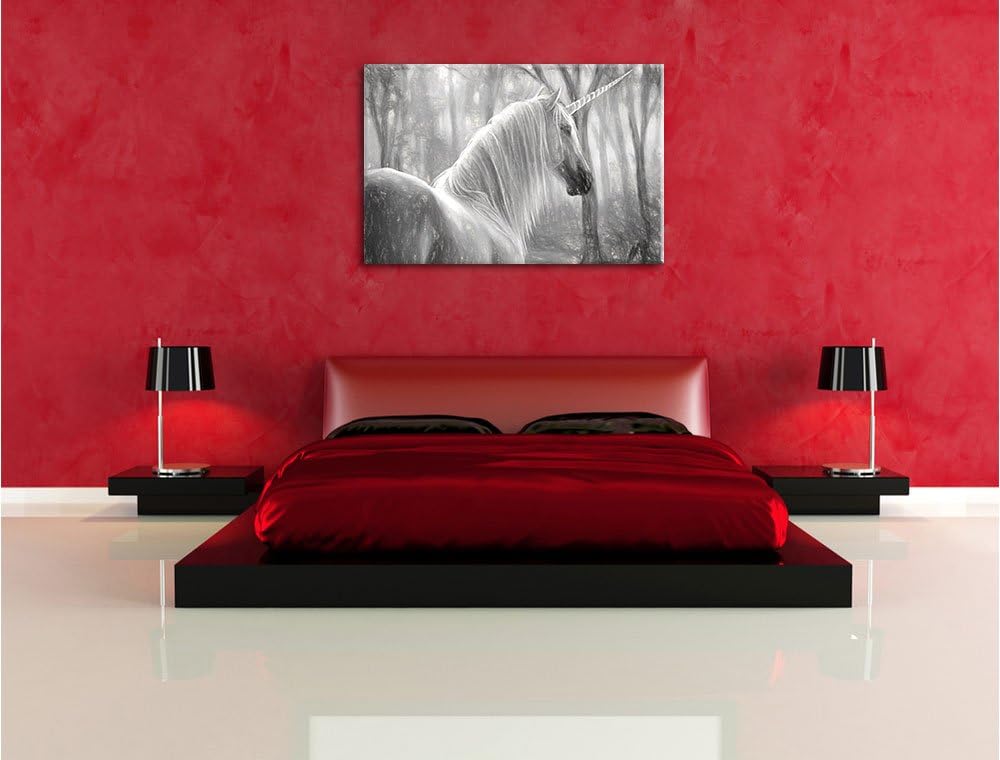 Pixxprint Einhorn im Wald / 100x70cm Leinwandbild bespannt auf Holzrahmen/Wandbild Kunstdruck Dekora