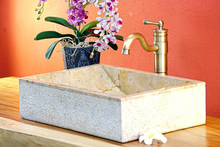 Naturstein Waschbecken beiger Marmor - 50x35 cm Aufsatz Waschschale - Heller Marmor Aufsatzwaschbeck