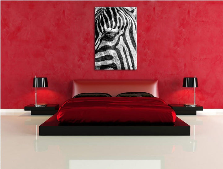 Monocrome, Zebra Porträt , Format: 100x70 auf Leinwand, XXL riesige Bilder fertig gerahmt mit Keilra