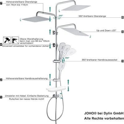 JOHO Regendusche Duschsystem ohne Duscharmatur Chrom Duschset mit Ablage, Duschkopf, Duschstange, Du