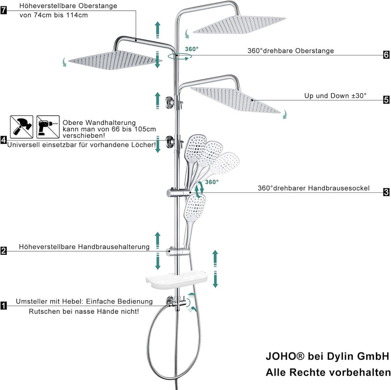 JOHO Regendusche Duschsystem ohne Duscharmatur Chrom Duschset mit Ablage, Duschkopf, Duschstange, Du