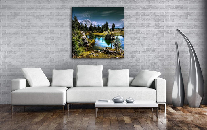 deyoli Holzhütte am klarem See Format: 70x70 als Leinwandbild, Motiv fertig gerahmt auf Echtholzrahm