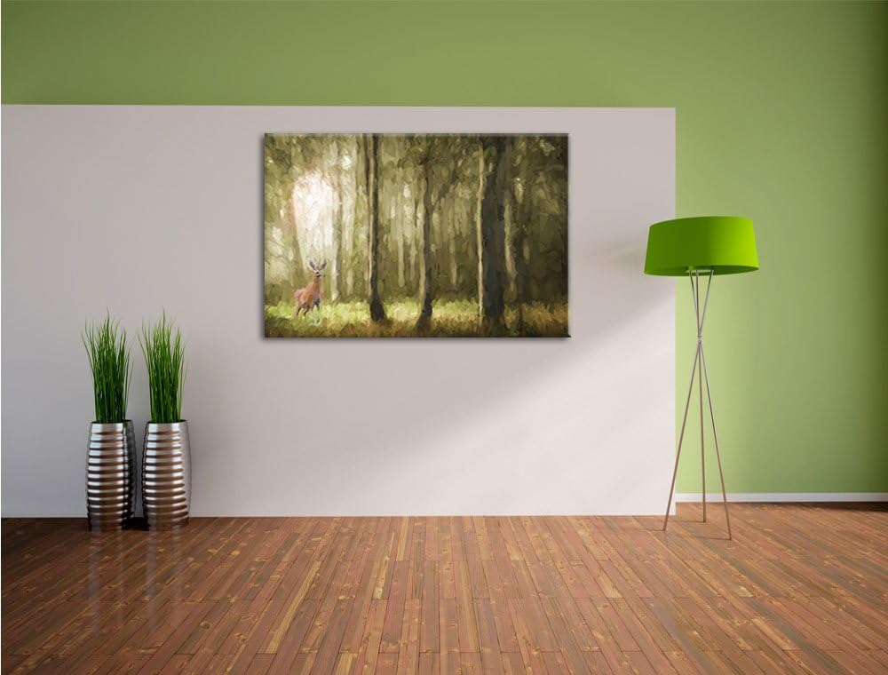 Pixxprint Einsamer Hirsch im tiefen Wald Kunst Pinsel Effekt, Format: 100x70 auf Leinwand, 100x70