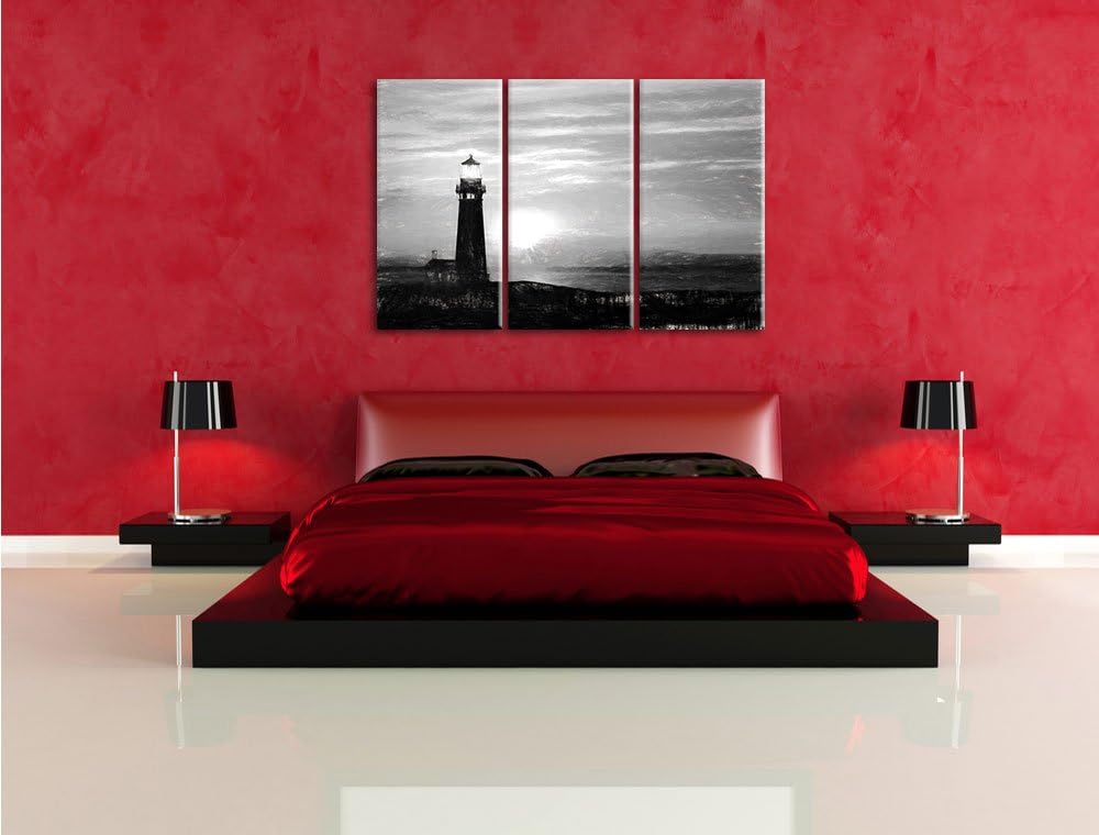 Pixxprint Leuchtturm im Sonnenuntergang / 3-Teilig/Gesamtmass 120cm Leinwandbild bespannt auf Holzra