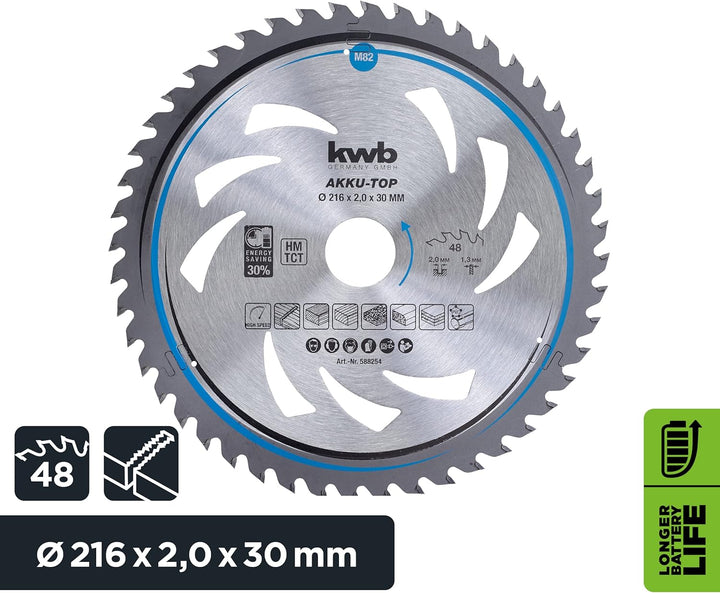 kwb Kreissägeblatt 216 x 30 mm, leichtgängig, speziell für Akkumaschinen, Sägeblatt geeignet für Wei