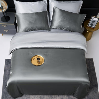 Bettwäsche Satin 220x240 Grau Hellgrau Glanzsatin Seide Glatt Kühlende Wendebettwäsche Glänzend Somm