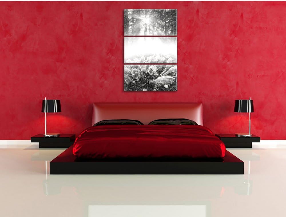 Pixxprint blühende lila Blumen im Wald Kunst Kohle Effekt 3-Teiler Leinwandbild 120x80 Bild auf Lein