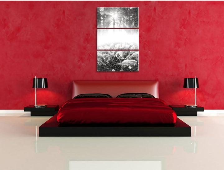 Pixxprint blühende lila Blumen im Wald Kunst Kohle Effekt 3-Teiler Leinwandbild 120x80 Bild auf Lein