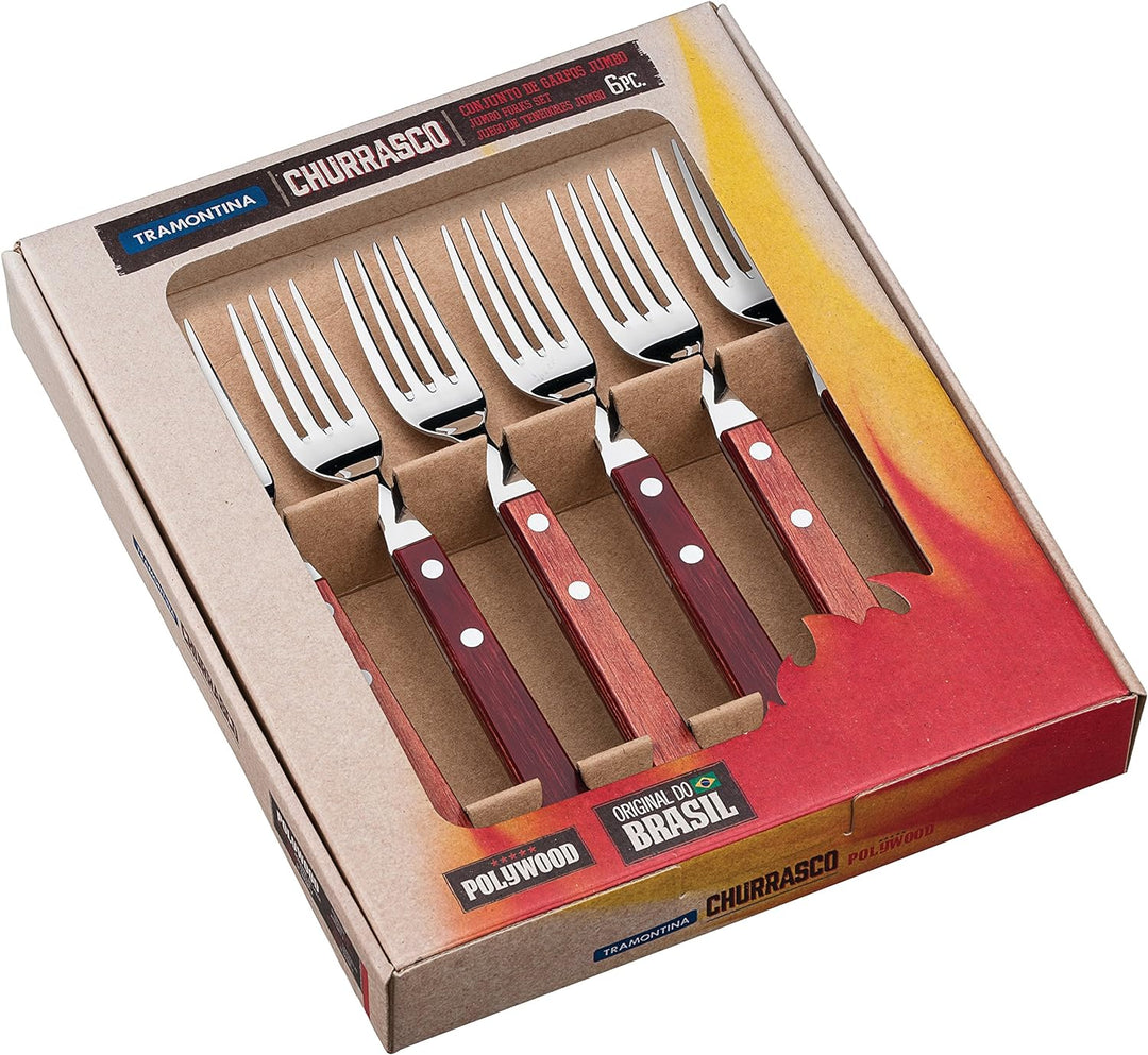 Tramontina Steakgabel Set Jumbo, 6-teilig, rostfreier Edelstahl, Holzgriff FSC-zertifiziert, spülmas