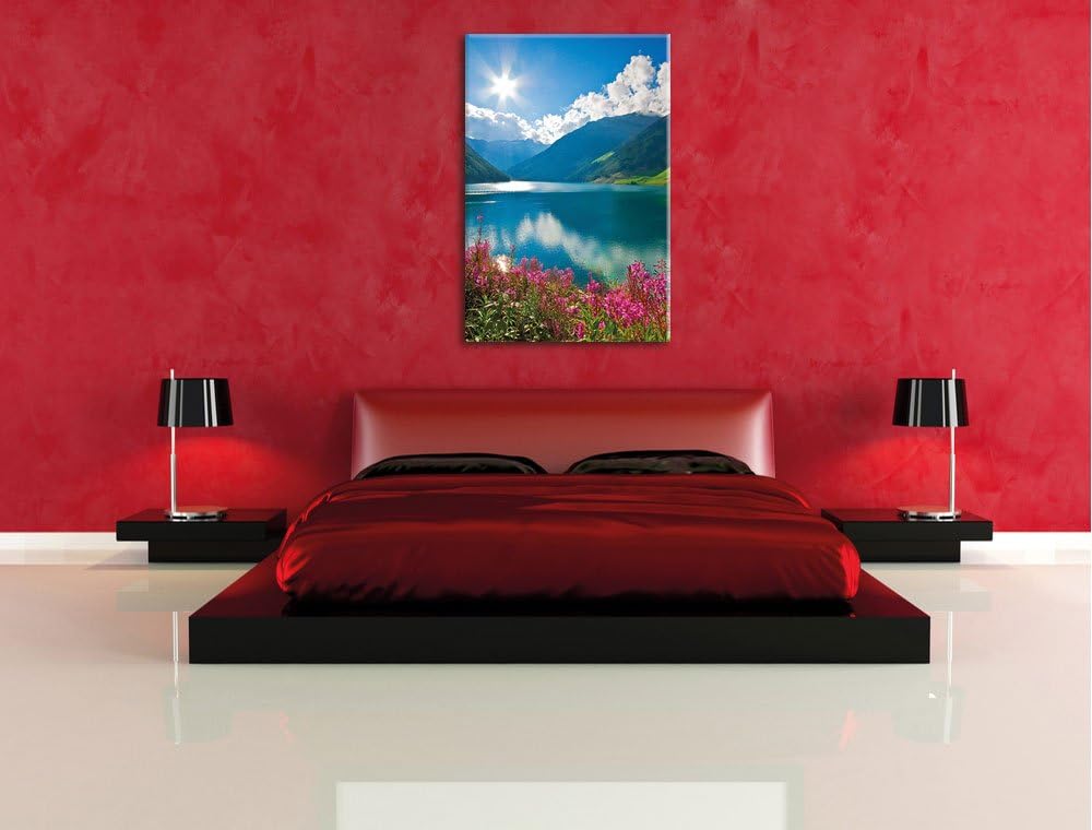 Blumenwiese am Bergsee, Format: 100x70 auf Leinwand, XXL riesige Bilder fertig gerahmt mit Keilrahme