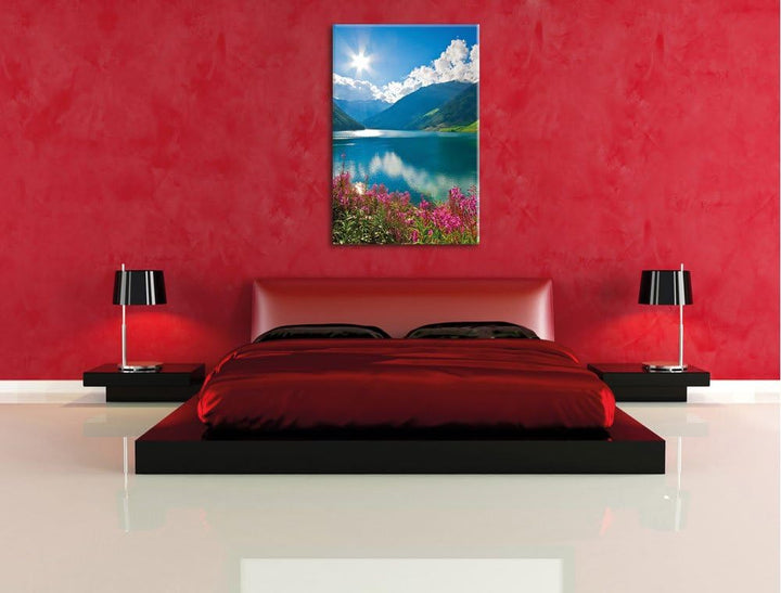 Blumenwiese am Bergsee, Format: 100x70 auf Leinwand, XXL riesige Bilder fertig gerahmt mit Keilrahme