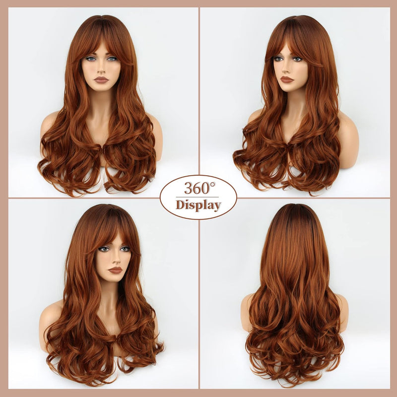 FAELBATY Perücke mit langen Locken Orange Pony Perücke Ombre braun bis orange Perücke für Frauen Per