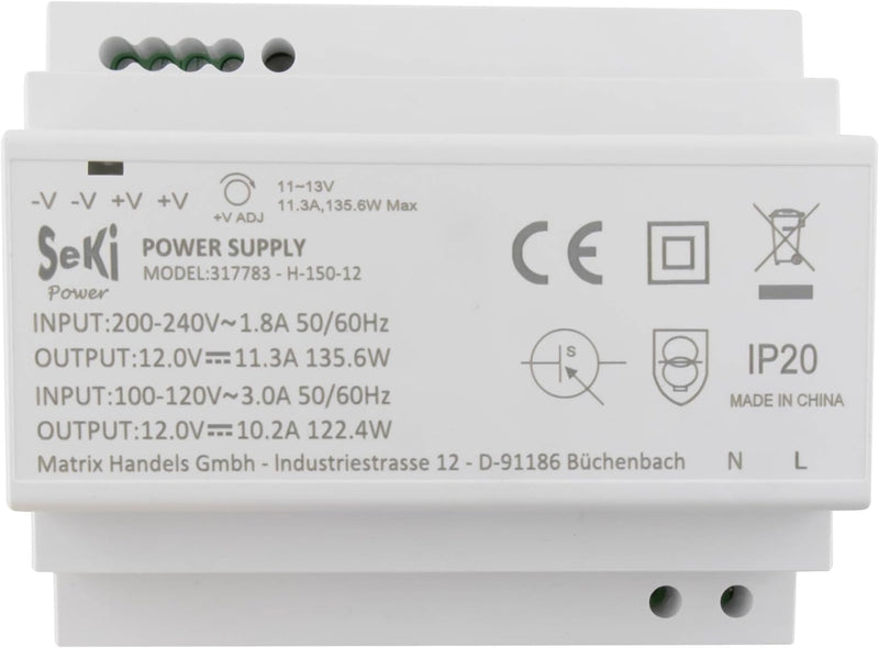 SeKi Hutschienen-Netzteil H-150-12 - 12V - 11,3A - 135W DIN Rail - DIN Schienen Netzteil/Stromversor