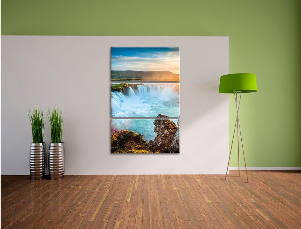 Pixxprint Wasserfall im Sonnenschein 3-Teiler Leinwandbild 120x80 Bild auf Leinwand
