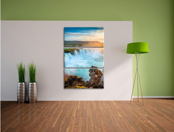 Pixxprint Wasserfall im Sonnenschein 3-Teiler Leinwandbild 120x80 Bild auf Leinwand
