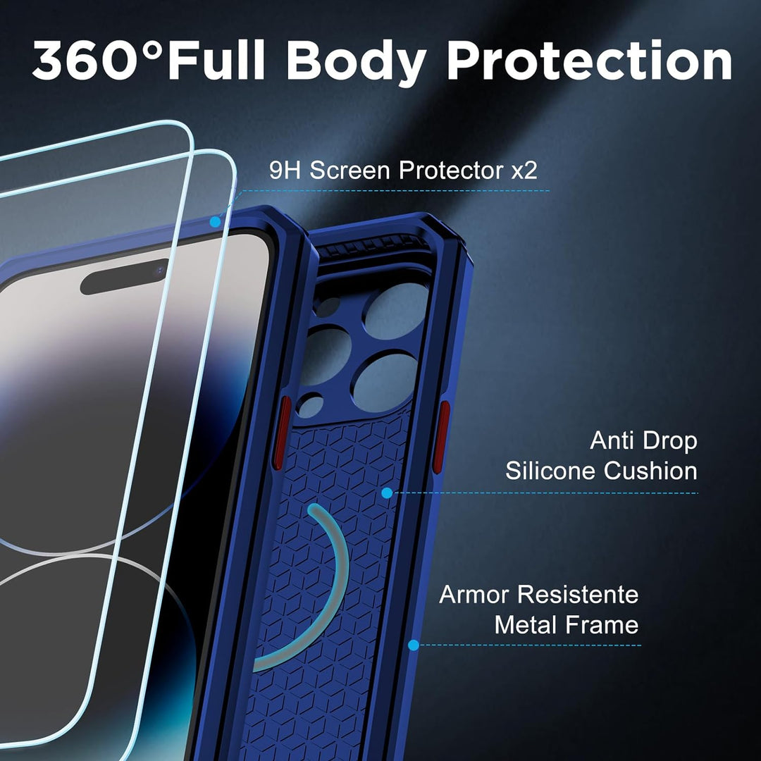 WIFORT Magnetisch Metall Hülle für iPhone 14 Pro Kompatibel mit MagSafe, mit 2 Stück Schutzglas, Mil