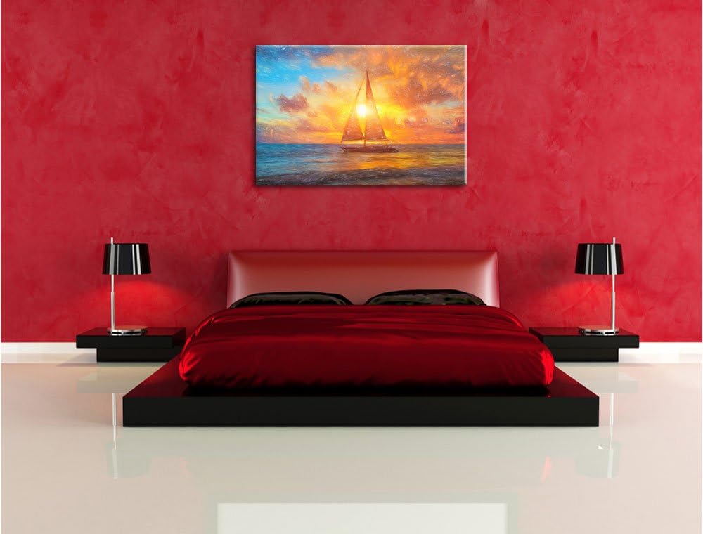 Pixxprint Segelboot nahgelegen der Küste im Sonnenuntergang Kunst Buntstift Effekt, Format: 100x70 a