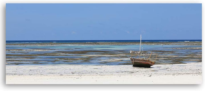 Feeby Wandbild Landschaft Modern Deko Kunst Bilder Strand und Boot Blau 120x40 cm Deko paneel 120x40
