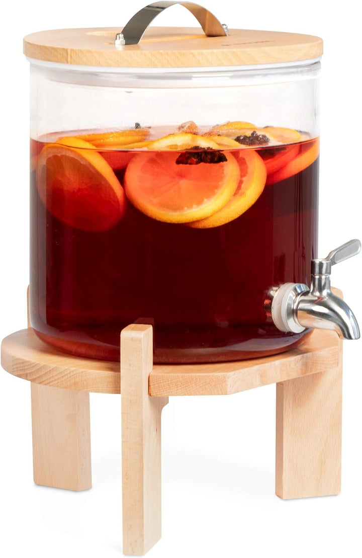 Navaris 5L Getränkespender mit Zapfhahn aus Edelstahl - Glas Wasserspender mit Stand aus Buchen Holz