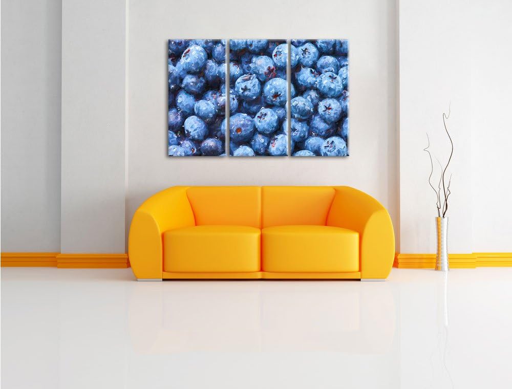 Pixxprint Blaubeeren mit Wassertropfen Kunst Pinsel Effekt 3-Teiler Leinwandbild 120x80 Bild auf Lei
