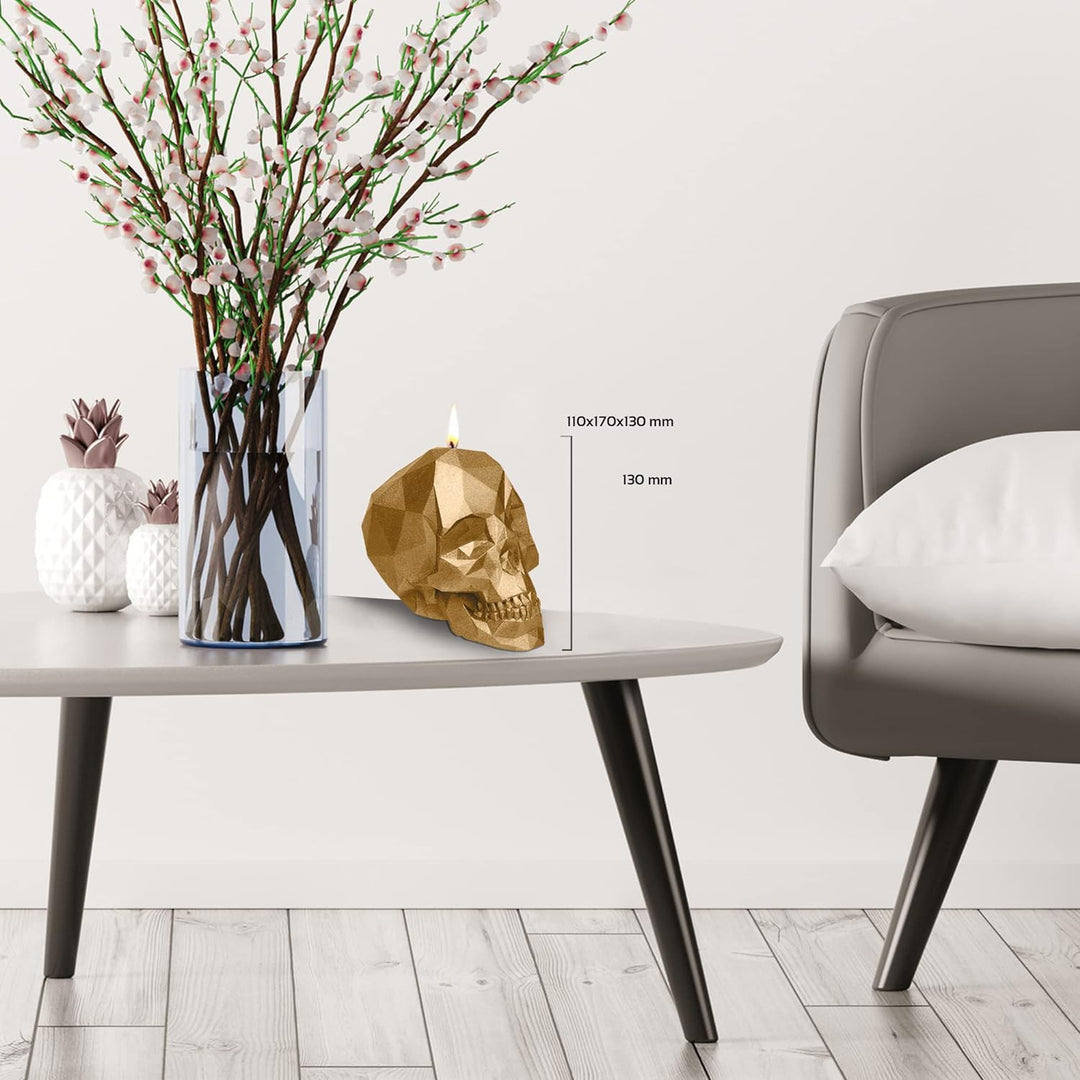 Candellana Kerze Kleiner Schädel Low Poly | Höhe: 12 cm | Klassisches Gold | Totenkopf | Handgeferti