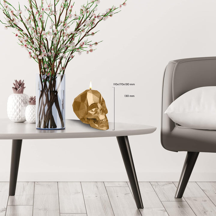 Candellana Kerze Kleiner Schädel Low Poly | Höhe: 12 cm | Klassisches Gold | Totenkopf | Handgeferti