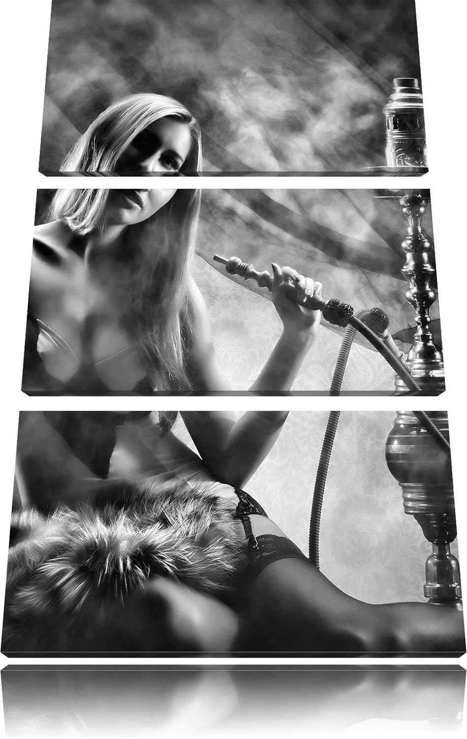 Pixxprint Frau mit Shisha im Nebel als Leinwandbild/Grösse: 3 Teilig (120x80 cm) cm/Wandbild/Kunstdr