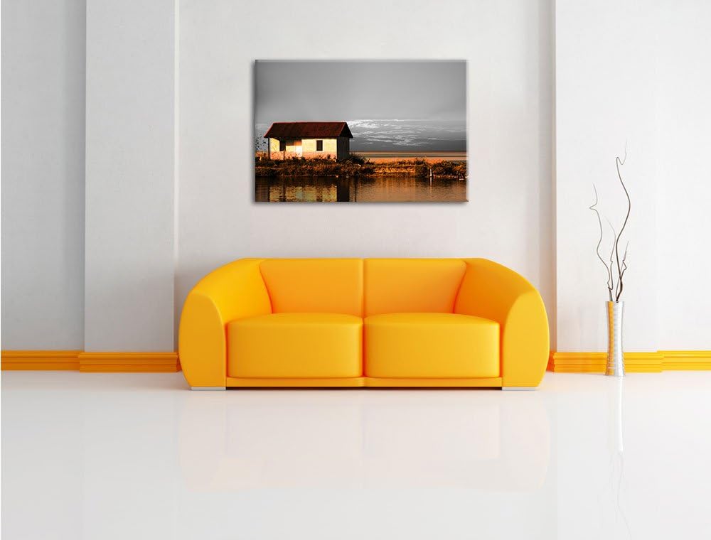 Pixxprint Haus am See bei Sonnenuntergang als Leinwandbild/Grösse: 100x70 cm/Wandbild/Kunstdruck/fer