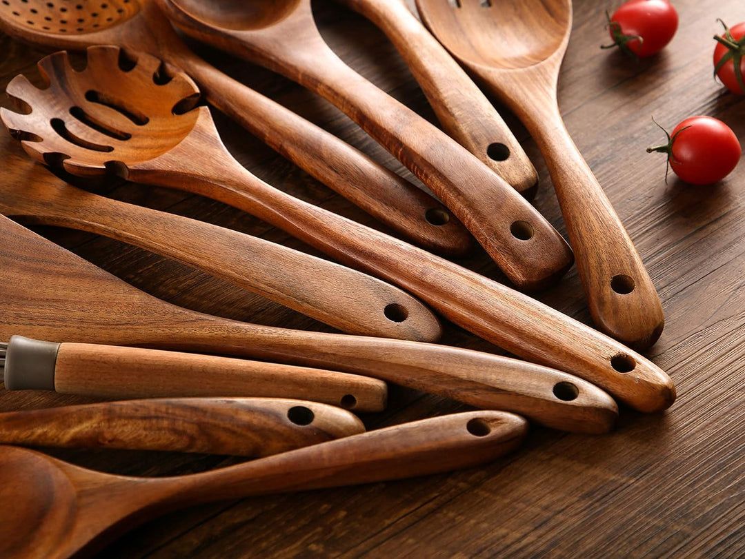 NAYAHOSE Holzutensilien zum Kochen, 10 Stück, Teakholz Kochlöffel und Spatel zum Kochen, inklusive L