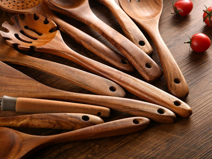 NAYAHOSE Holzutensilien zum Kochen, 10 Stück, Teakholz Kochlöffel und Spatel zum Kochen, inklusive L