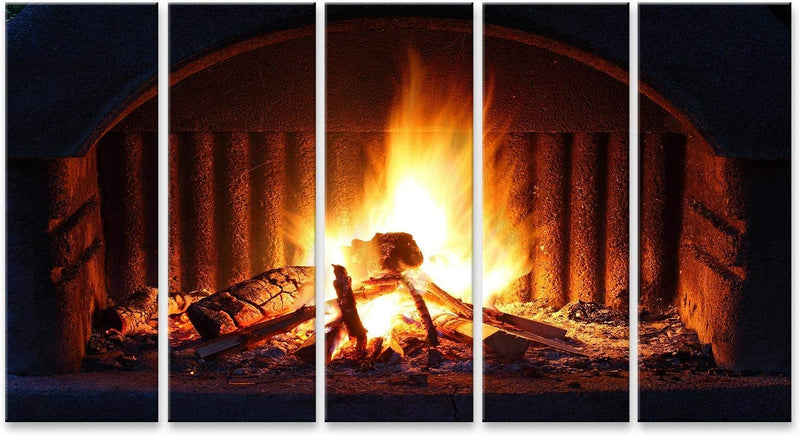 Bild Bilder auf Leinwand Kamin mit Feuer bei Nacht - Aussenaufnahme Wandbild Poster Leinwandbild RCC