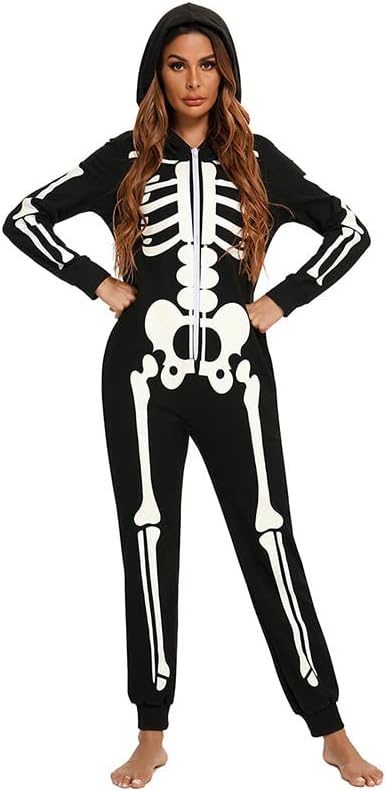 thematys Skelett Horror Jumpsuit Onesie mit Kapuze | Erwachsene | Halloween | Mottowoche | Karneval