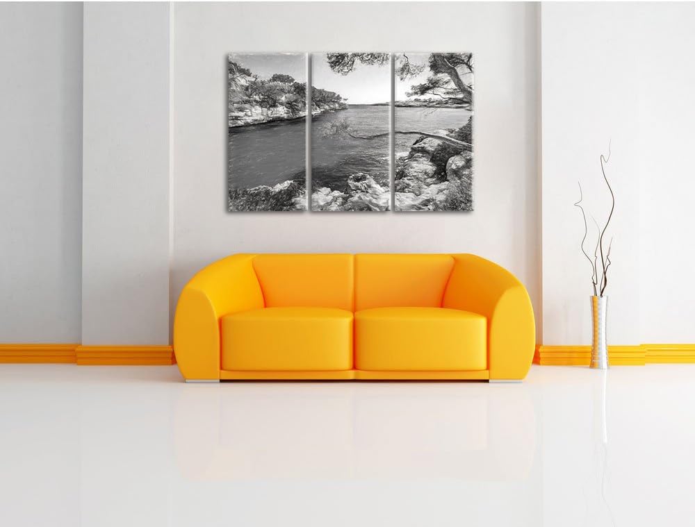 Pixxprint Idyllische Ansicht des Mittelmeers am Mallorca Bay Cove Kunst Kohle Effekt 3-Teiler Leinwa