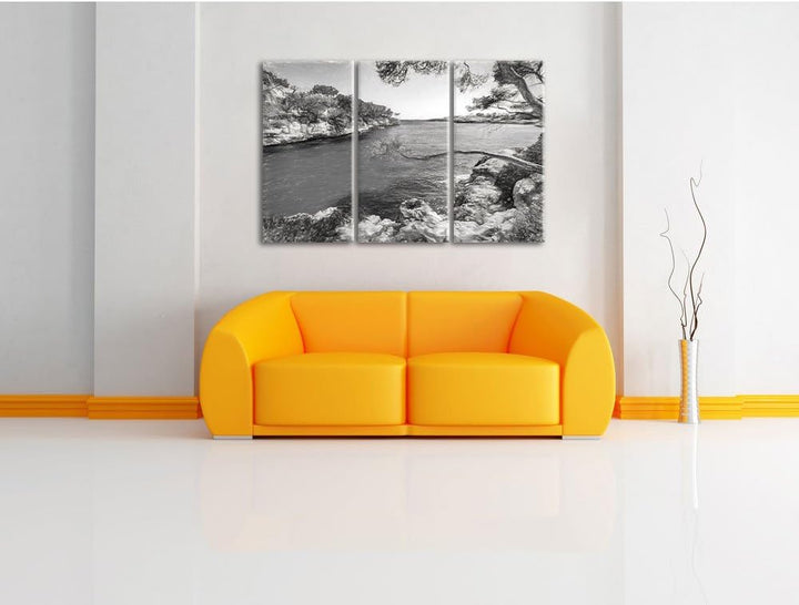 Pixxprint Idyllische Ansicht des Mittelmeers am Mallorca Bay Cove Kunst Kohle Effekt 3-Teiler Leinwa