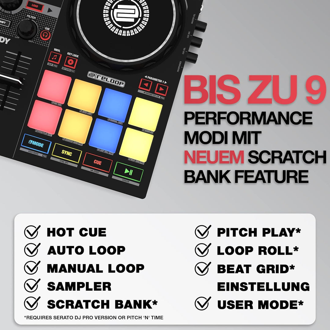Reloop Ready - Kompakter 2-Deck-DJ-Controller für Serato DJ Lite (inklusive) & DJ Pro,16 grosse RGB-