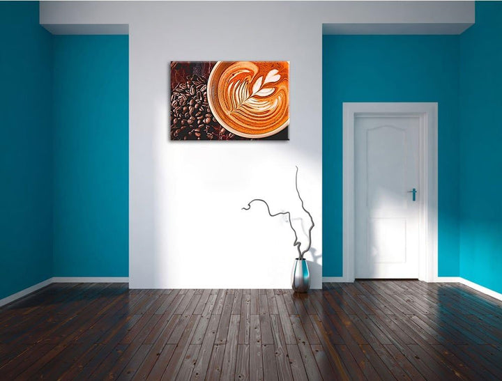 köstlicher Kaffee mit kunstvoller Schaumverzierung Format: 120x80 auf Leinwand, XXL riesige Bilder f