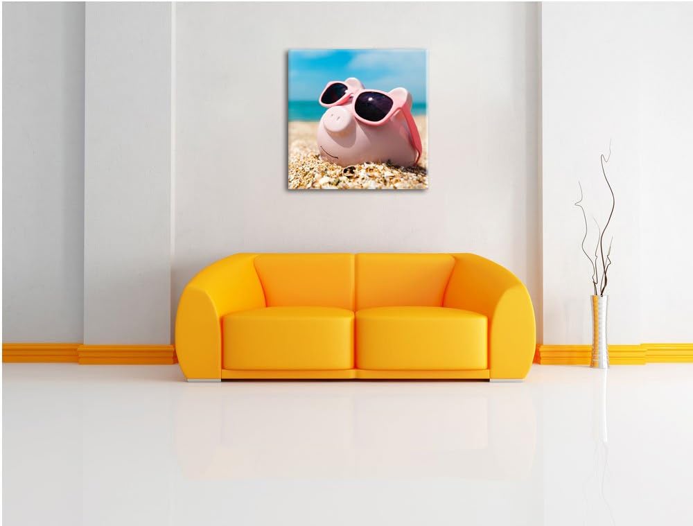 Schweinchen am Strand, Format: 70x70 auf Leinwand, XXL riesige Bilder fertig gerahmt mit Keilrahmen,
