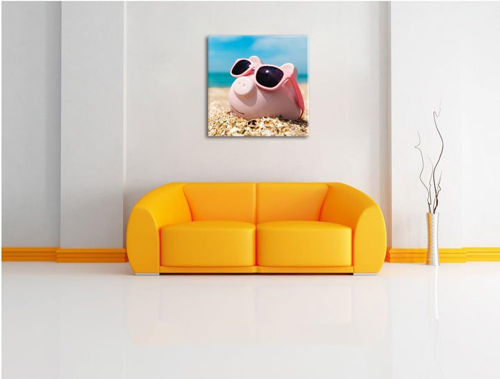 Schweinchen am Strand, Format: 70x70 auf Leinwand, XXL riesige Bilder fertig gerahmt mit Keilrahmen,