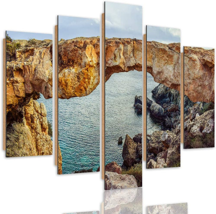 Bilder Modern Natur 5 Teilig Design Art Fels See Himmel Landschaft orange 100x70 cm Deco panel 100x7