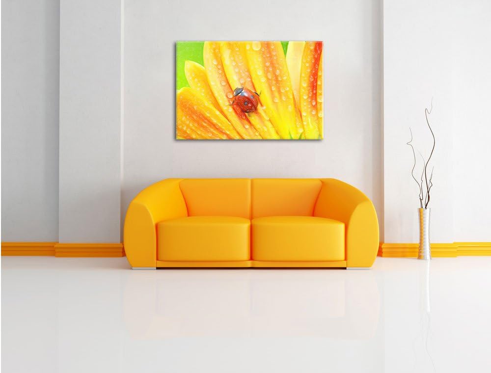 Pixxprint Marienkäfer auf gelber Blume Kunst Buntstift Effekt, Format: 100x70 auf Leinwand, XXL ries