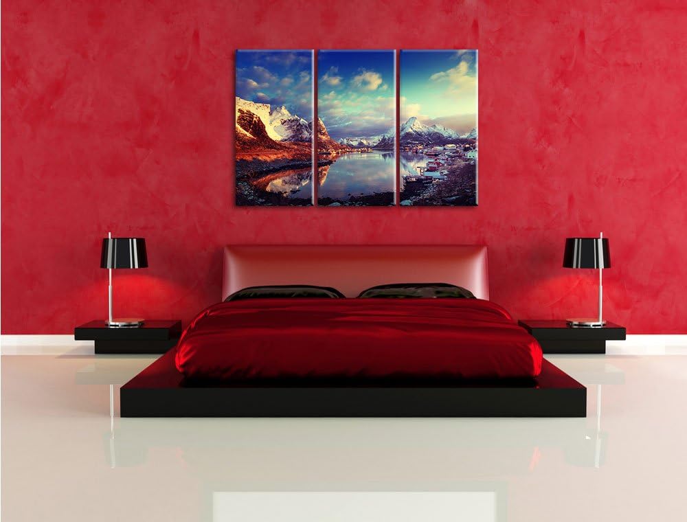 Pixxprint Schneelandschaft in einem Dorf in Norwegen 3-Teiler Leinwandbild 120x80 Bild auf Leinwand