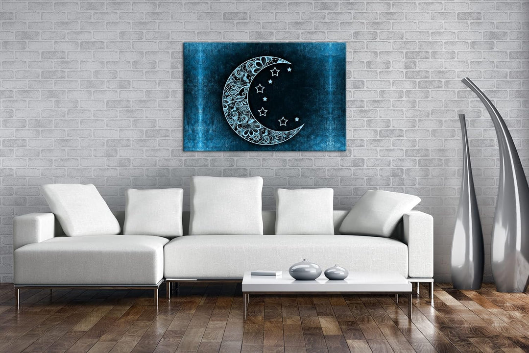 deyoli Abstrakter Mond mit Sternen Format 80x60 Effekt: Monocrome Blau als Leinwandbild, Motiv ferti