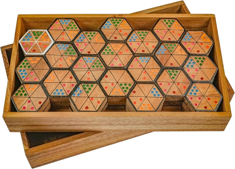 LOGOPLAY Hexadomino - Hexamino - Sechseck-Domino - Legespiel - Gesellschaftsspiel aus Holz mit 63 Sp