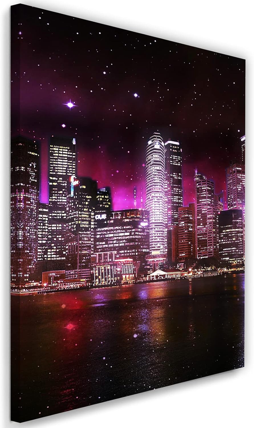 Feeby Vlies Leinwandbild Stadt Fluss Nacht Sternenhimmel 60x90 cm Druckbild Wandbild Wanddekoration
