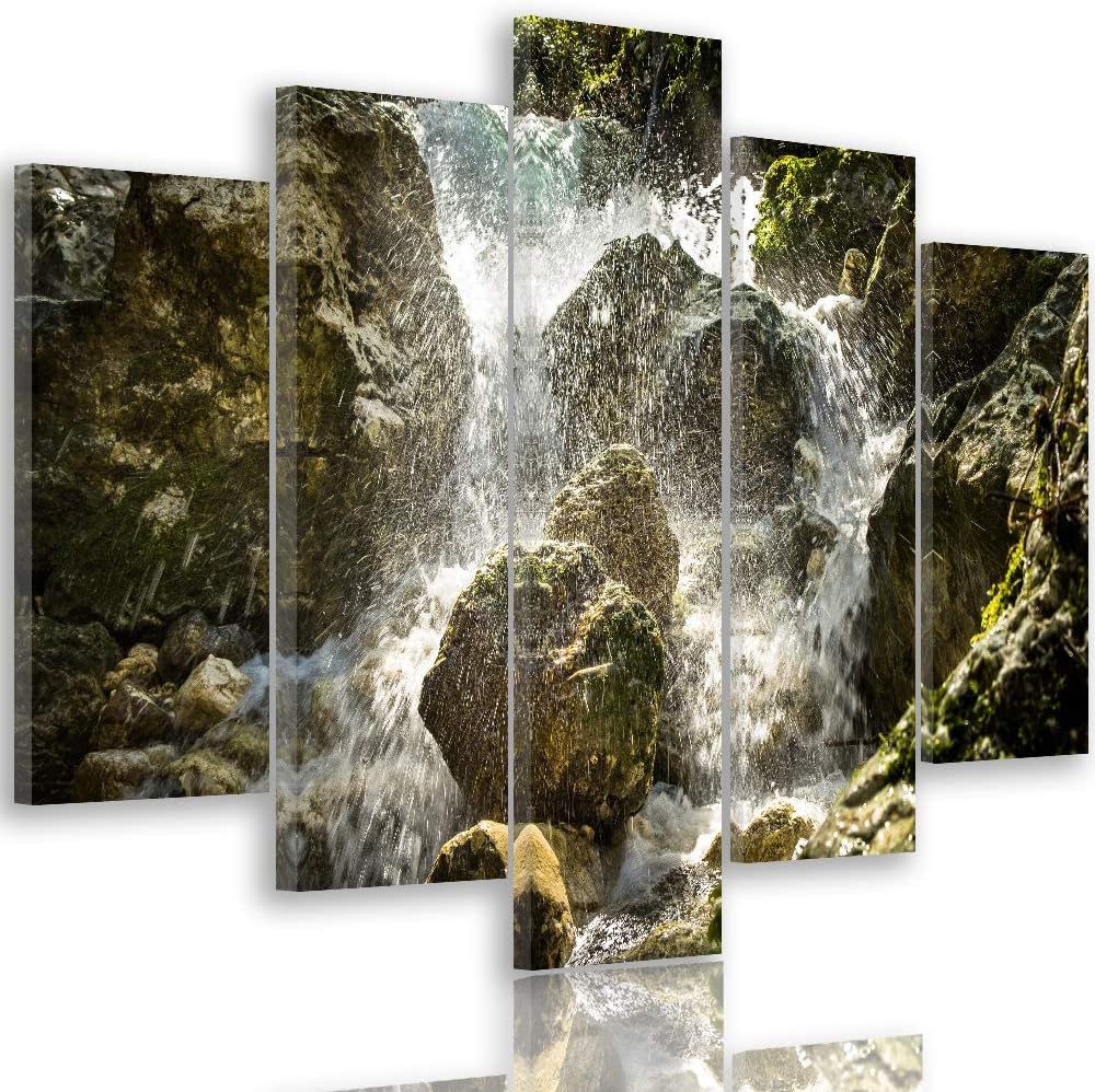 Feeby Wandbild XXL 5 Teilig Landschaft Leinwandbild Wasserfall Steine bunt 300x140 cm Leinwandbild 3